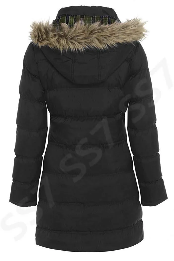 NEW PADDED Womens HOODED WINTER COAT Ladies Jacket Size 6 8 10 12 14 Parka Fur