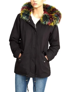 NEW Womens Oversized Hood Multi Fur Parka Coat Ladies Black Jacket Size 8 to 16