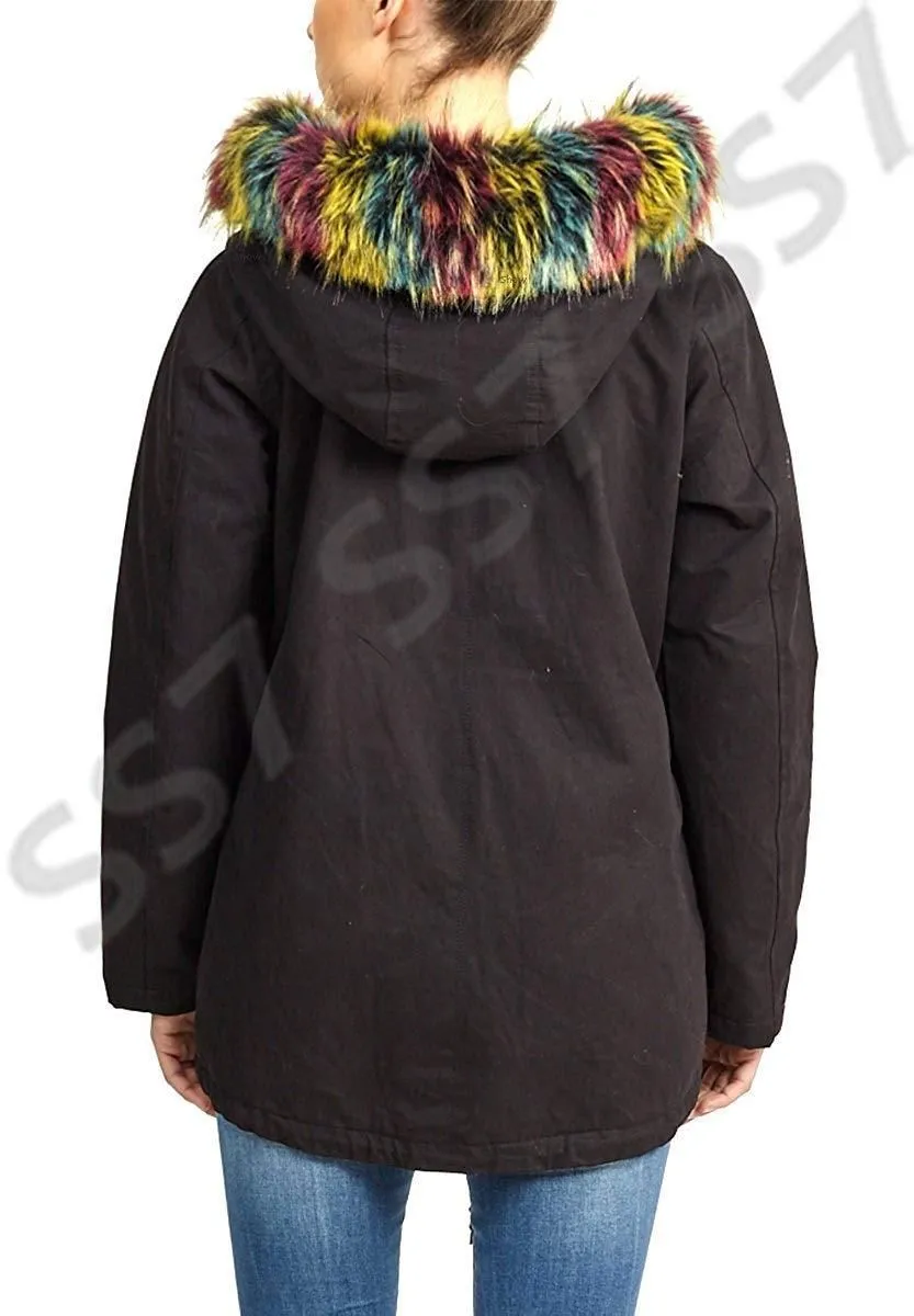 NEW Womens Oversized Hood Multi Fur Parka Coat Ladies Black Jacket Size 8 to 16