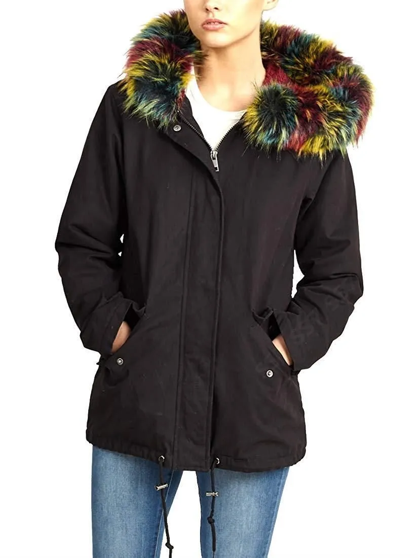 NEW Womens Oversized Hood Multi Fur Parka Coat Ladies Black Jacket Size 8 to 16