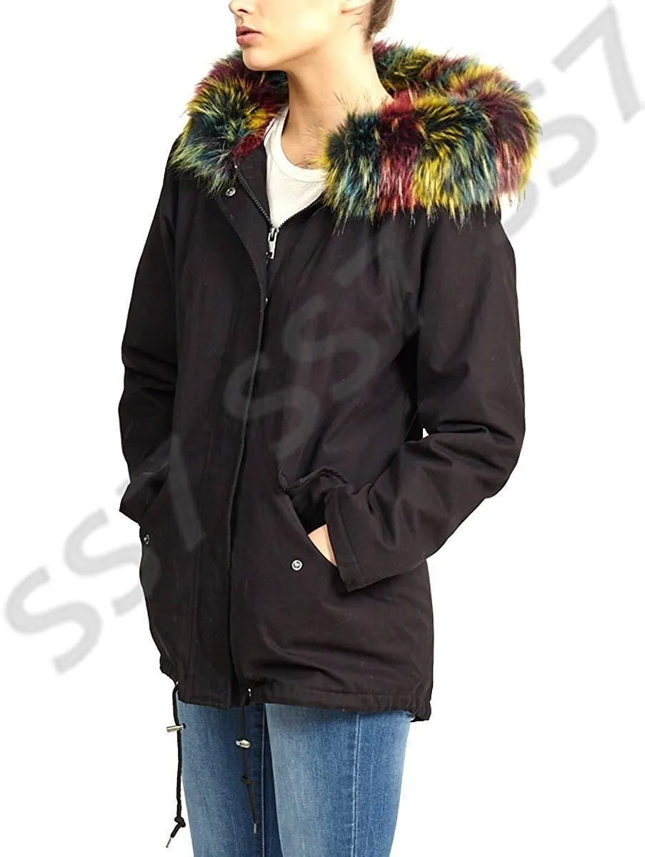 NEW Womens Oversized Hood Multi Fur Parka Coat Ladies Black Jacket Size 8 to 16