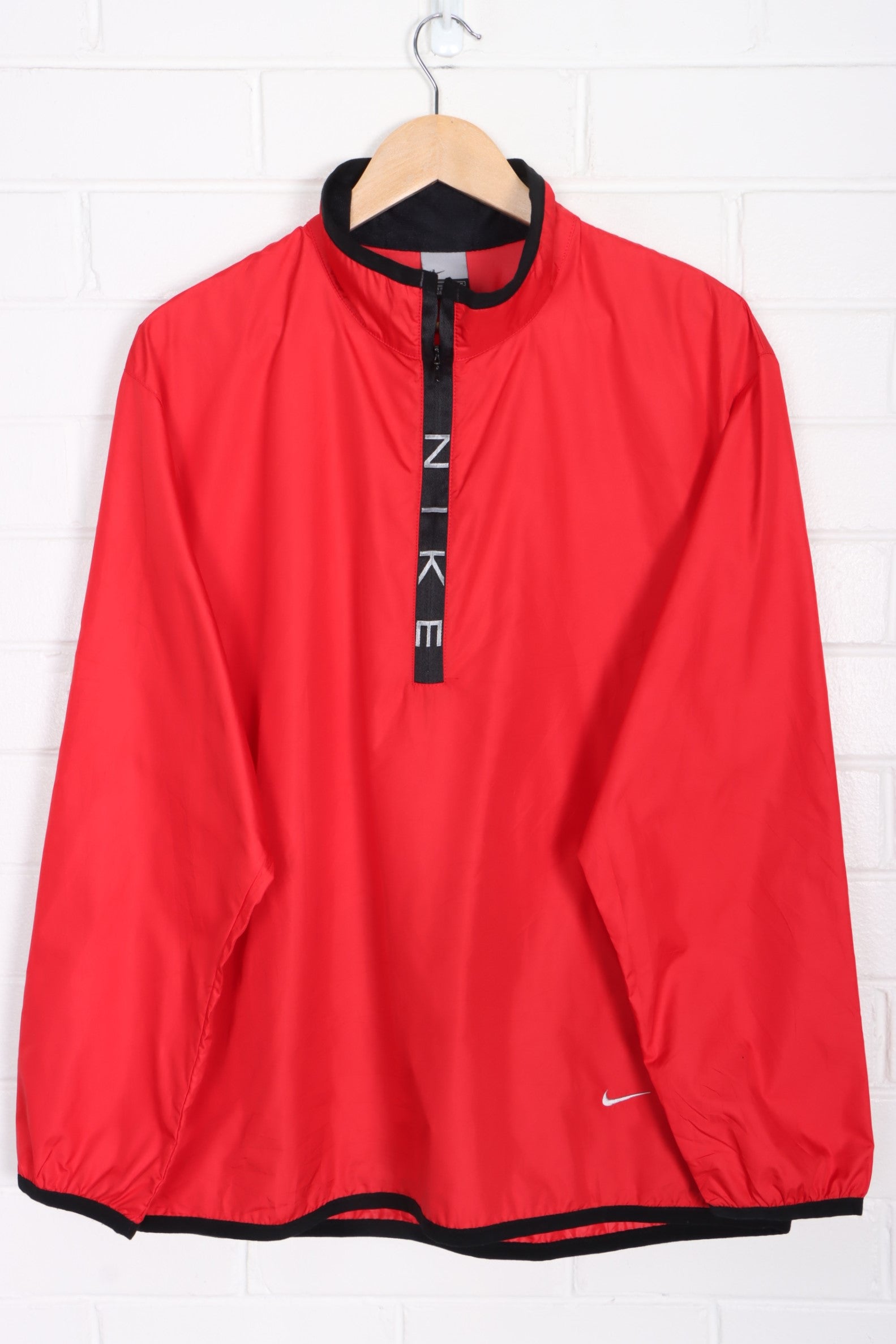 NIKE Red & Black 1/4 Zip Spell Out Swoosh Logo Windbreaker (L)