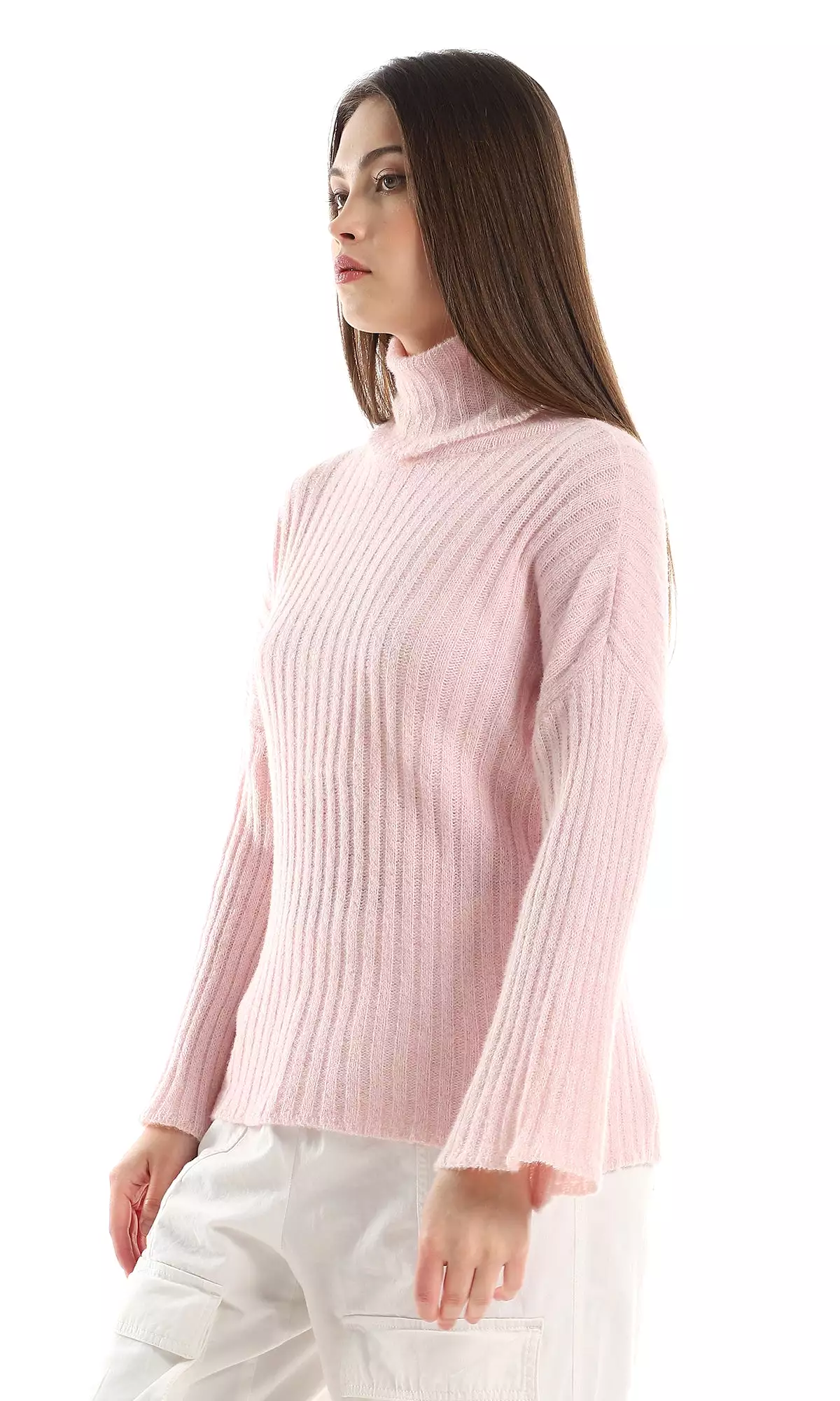 O160332 Turtle Neck Knitted Slip On Pullover - Light Rose