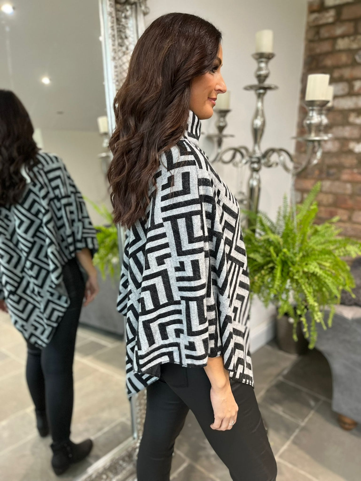 Patterned Cowl Neck Poncho