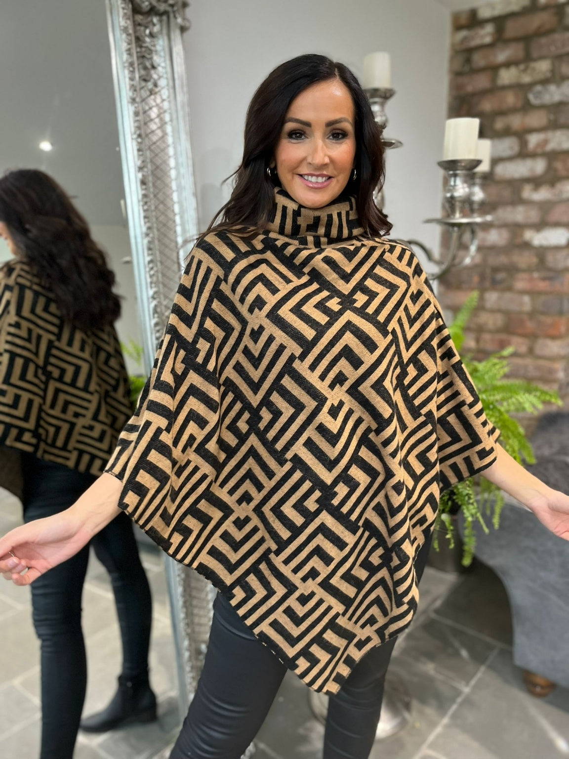 Patterned Cowl Neck Poncho