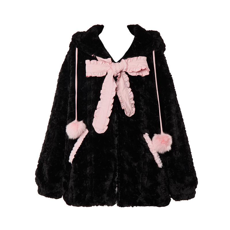 Pink Black Kitty Hoodie Tie Bowknot Coat - Kimi