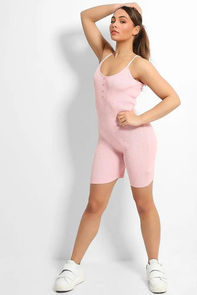 Pink Soft Rib Knit Button Details Cami Romper