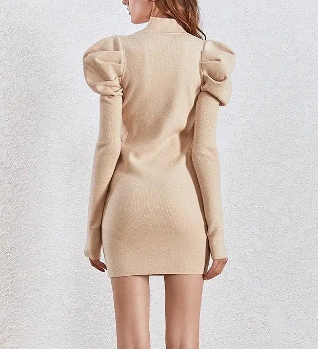 Puff Sleeve Rib Knit Mini Dress in Nude