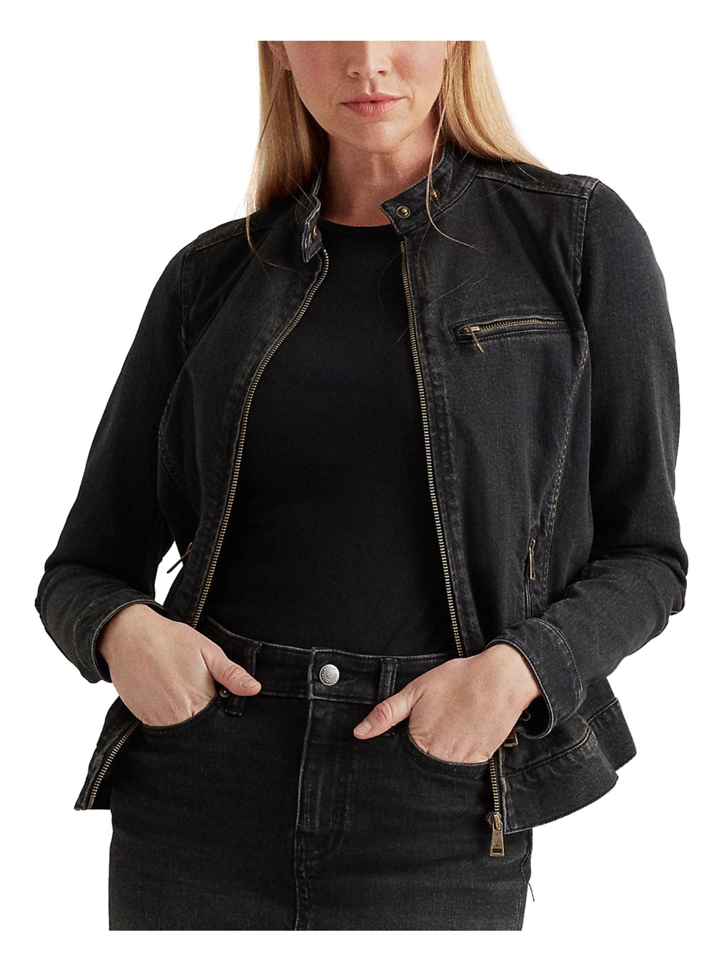 Ralph Lauren Women's Zippered Pocketed Fitted Long Sleeve Crew Neck Denim Jacket Black Size 8