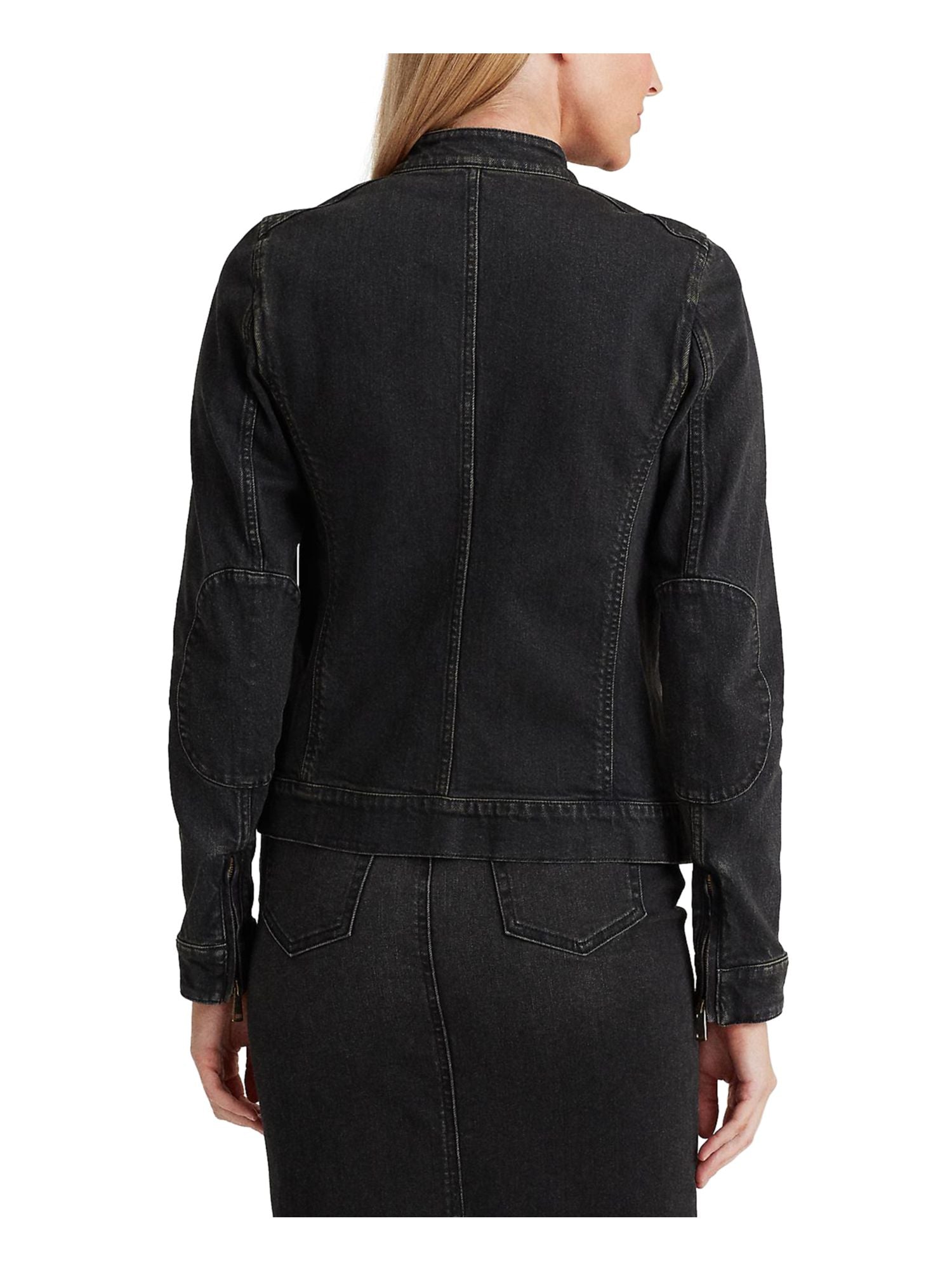 Ralph Lauren Women's Zippered Pocketed Fitted Long Sleeve Crew Neck Denim Jacket Black Size 8