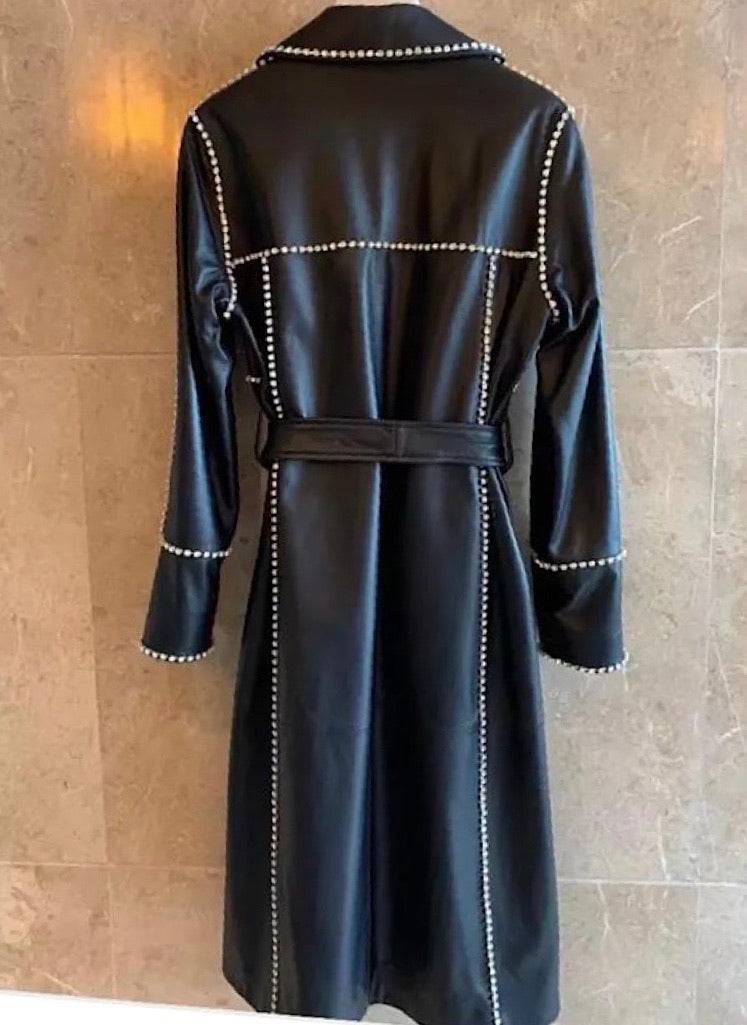 Sheepskin Leather Long Coat With Crystal Trims