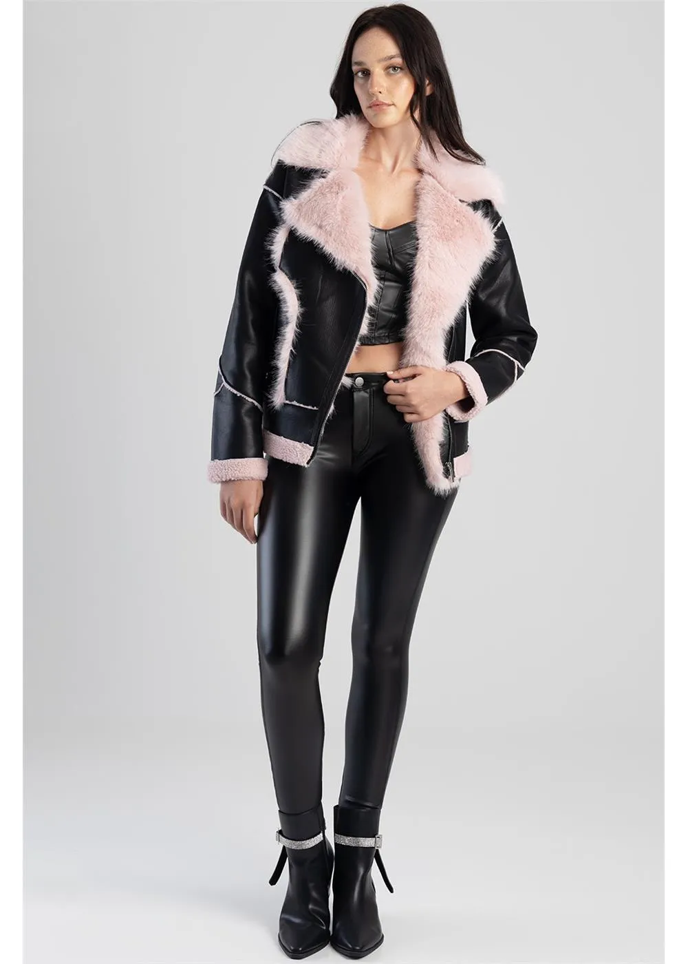 Sissyboy J30298 Faux Shearling Jacket With Faux Far