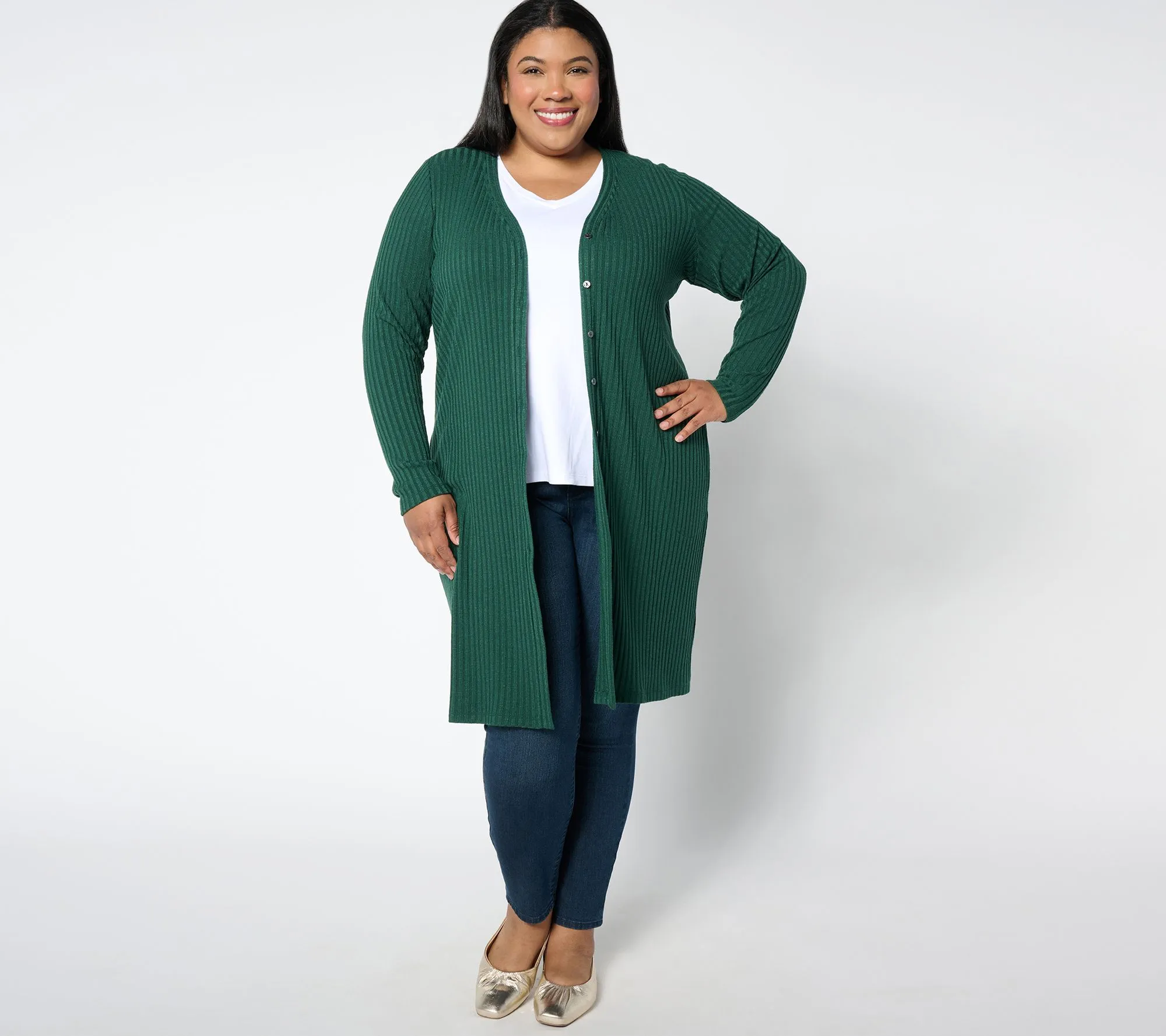 Susan Graver Petite Sweater Rib Knit Button-Front Duster Cardigan