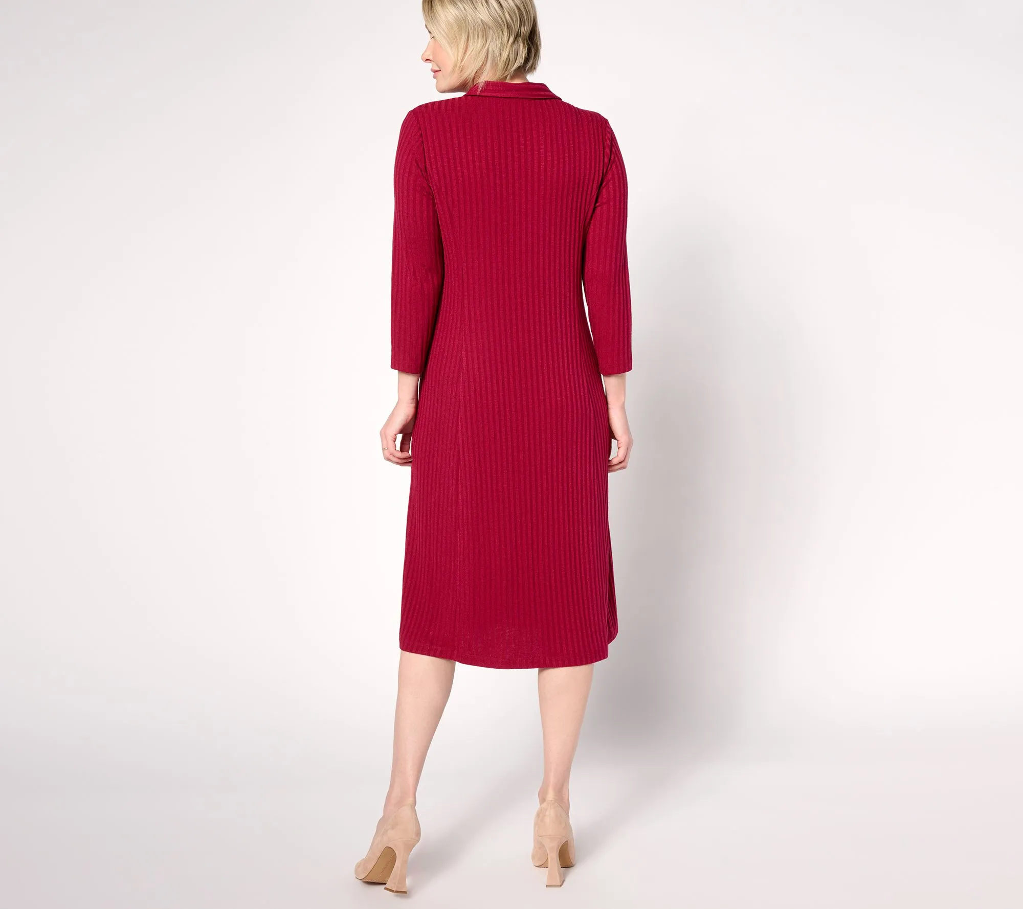 Susan Graver Reg Sweater Rib Knit 3/4 Sleeve Button-Front Midi Dress