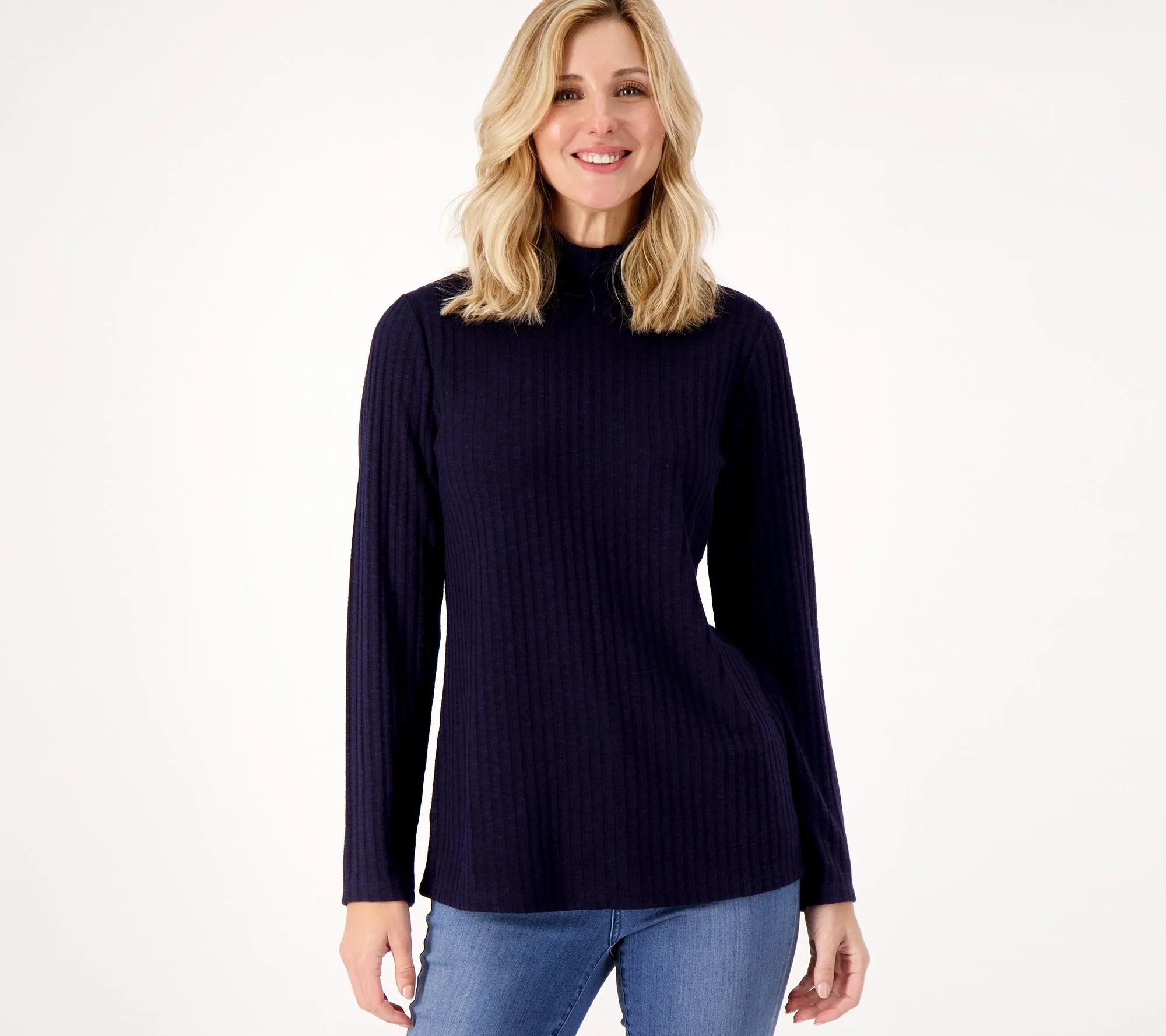 Susan Graver Sweater Rib Knit Long Sleeve Mock Neck Top