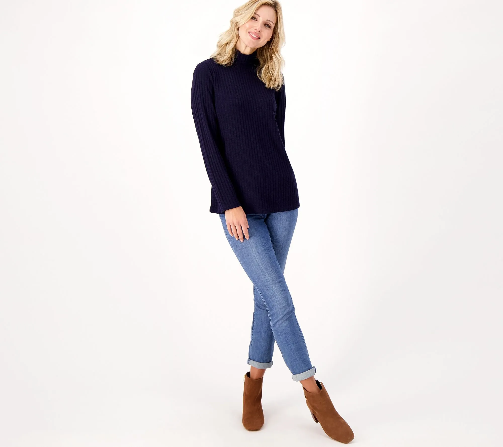 Susan Graver Sweater Rib Knit Long Sleeve Mock Neck Top