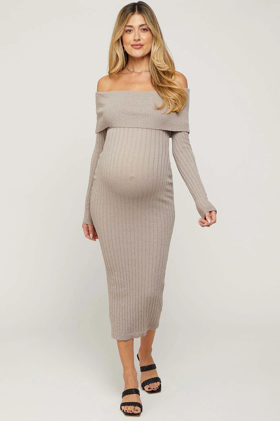 Taupe Rib Knit Off Shoulder Maternity Maxi Dress