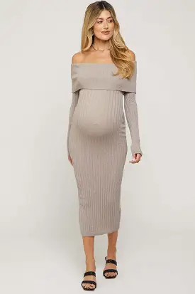 Taupe Rib Knit Off Shoulder Maternity Maxi Dress