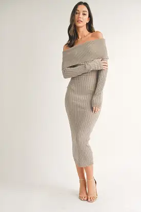 Taupe Rib Knit Off Shoulder Maxi Dress