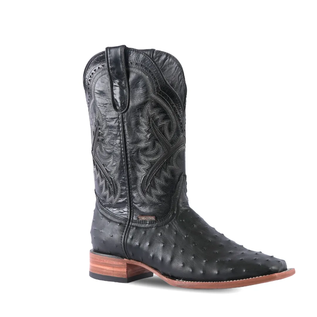 Texas Country Western Boot Ostrich Print Black Square Toe E424