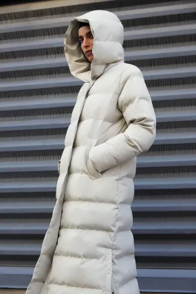 The Highland Long Puffer Coat in Light Greige