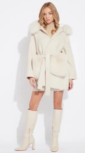 The London Cashmere & Fox Fur Hood & Pockets Belted Coat - Buttermilk