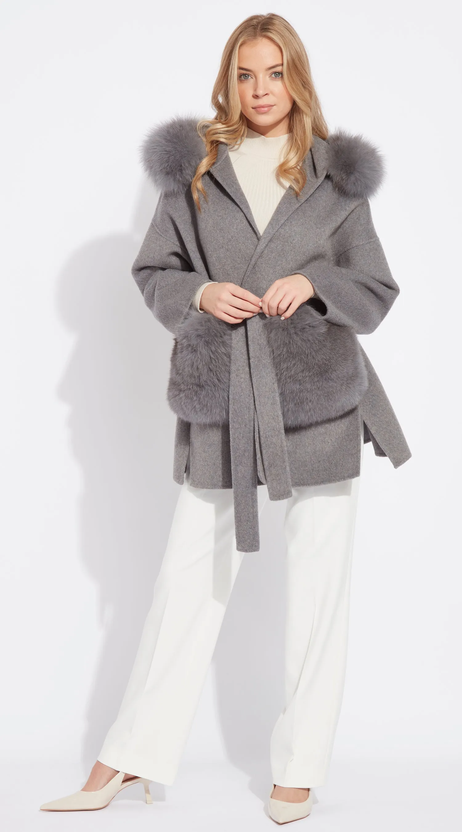 The London Cashmere & Fox Fur Hood & Pockets Belted Coat - Grey