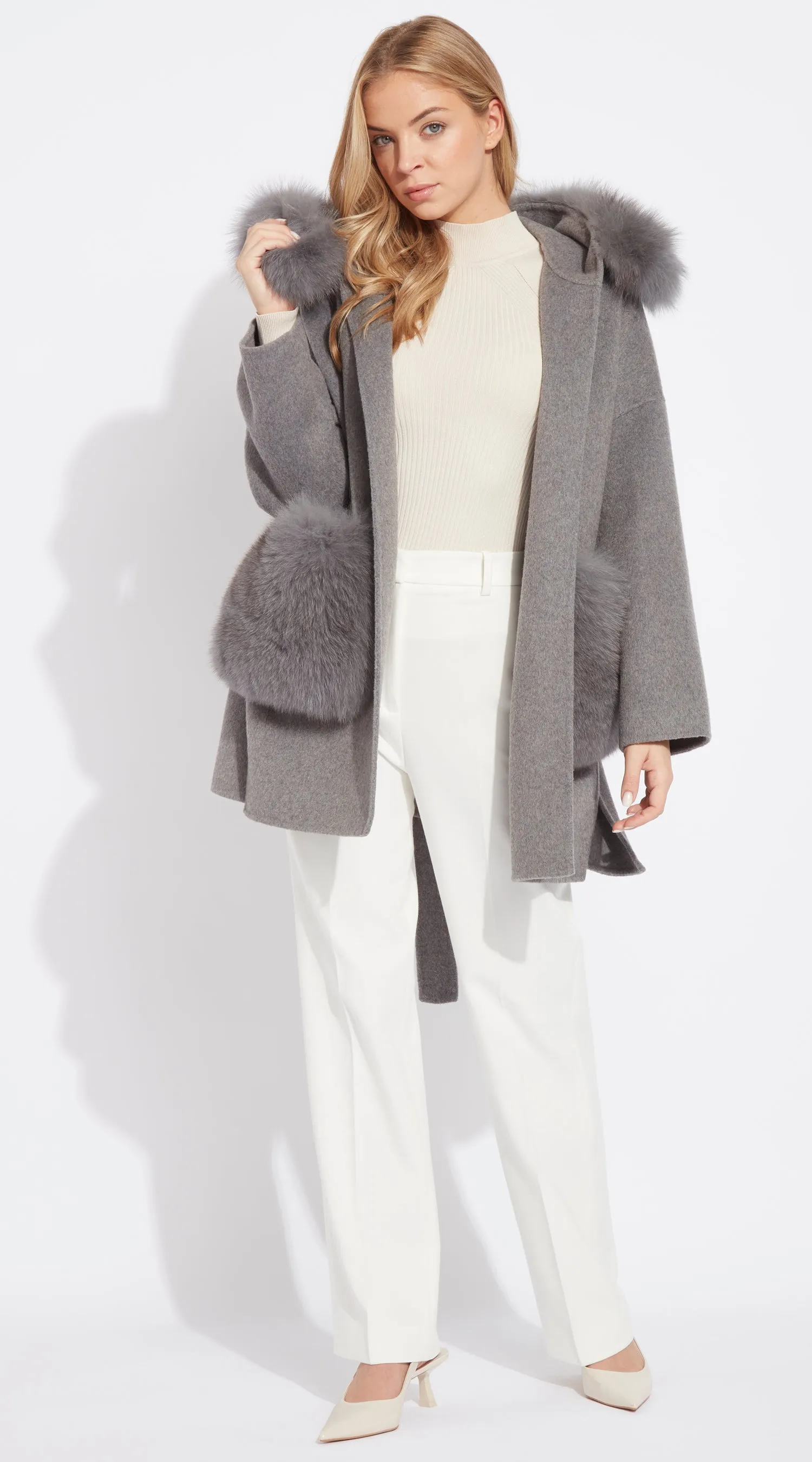 The London Cashmere & Fox Fur Hood & Pockets Belted Coat - Grey