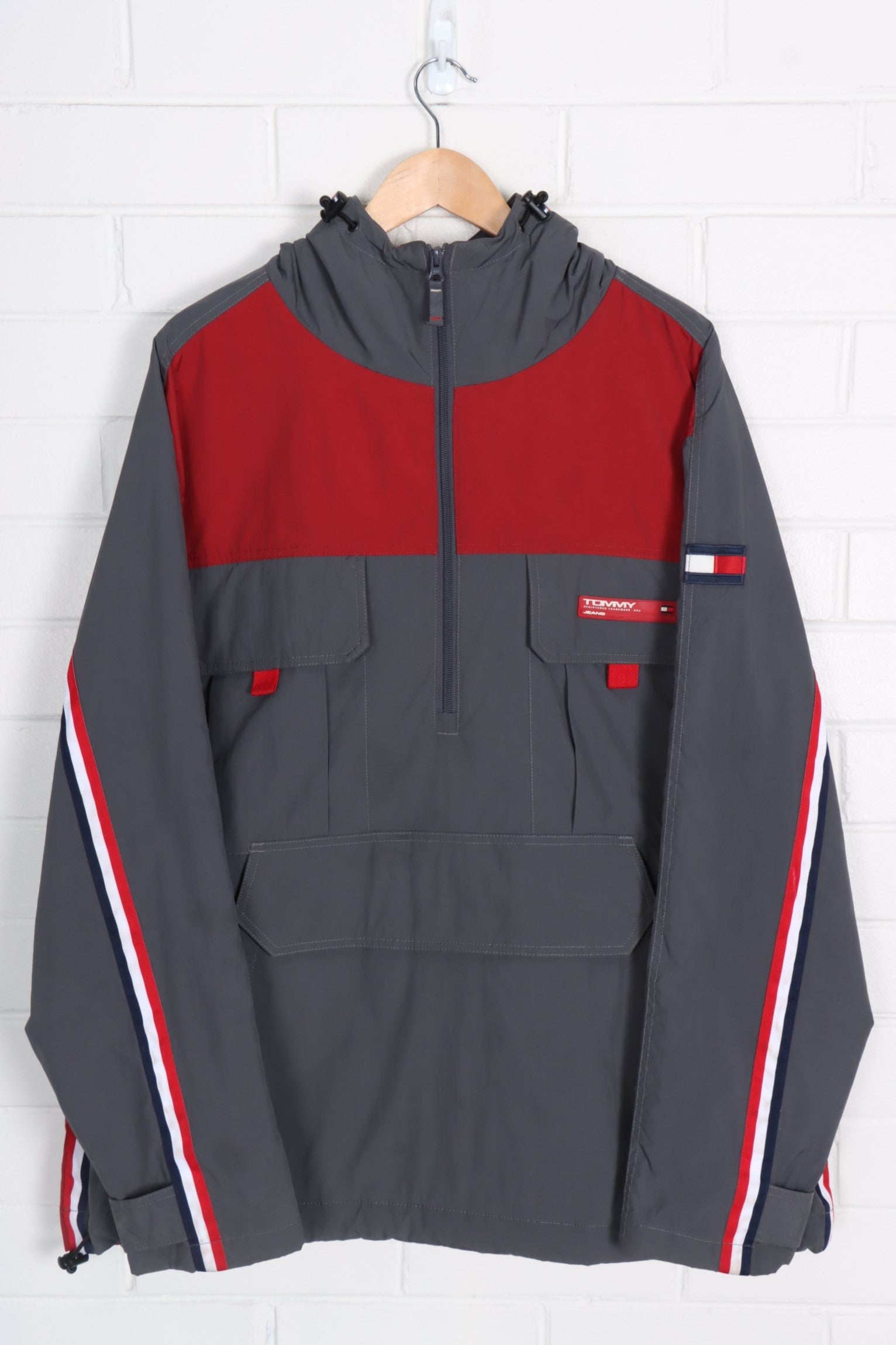 TOMMY HILFIGER Grey & Red Striped Fleece Lined Hooded Jacket (XXXL)