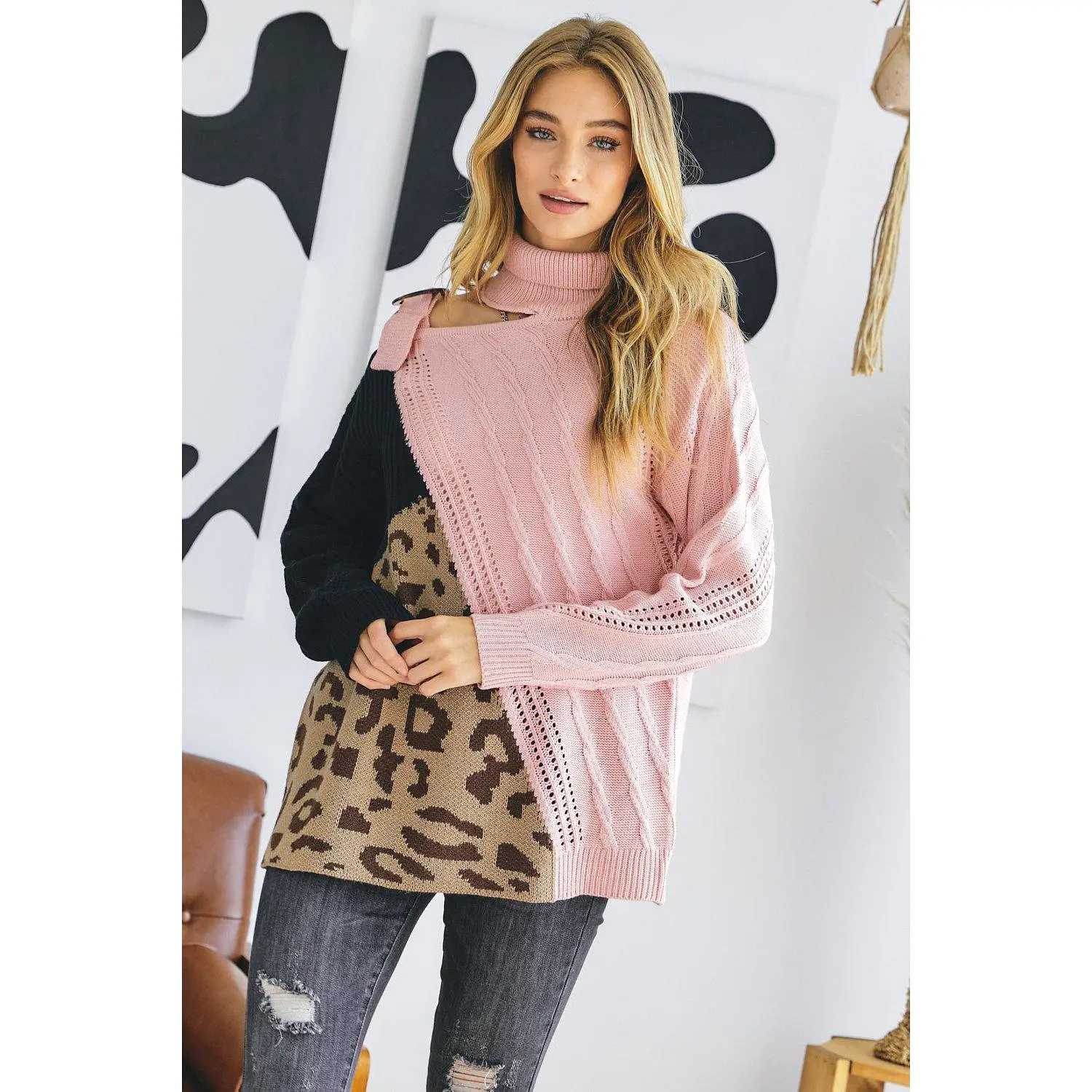 Turtle Neck Color Block Cutout Sweater