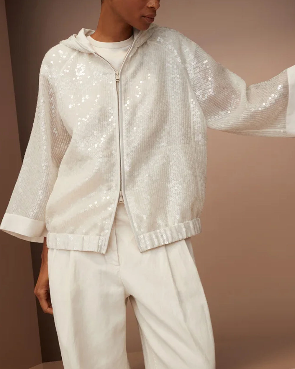 Warm White Sequin Paillette Hooded Jacket