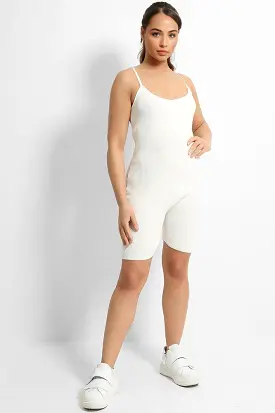 White Soft Rib Knit Button Details Cami Romper