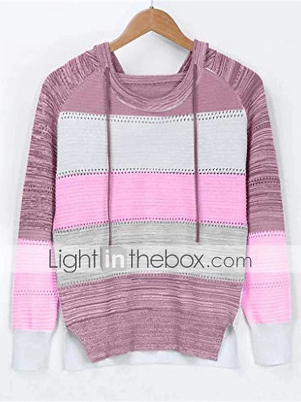 Women's Soft Knit Color Block Pullover Sweater Jumper with Hood