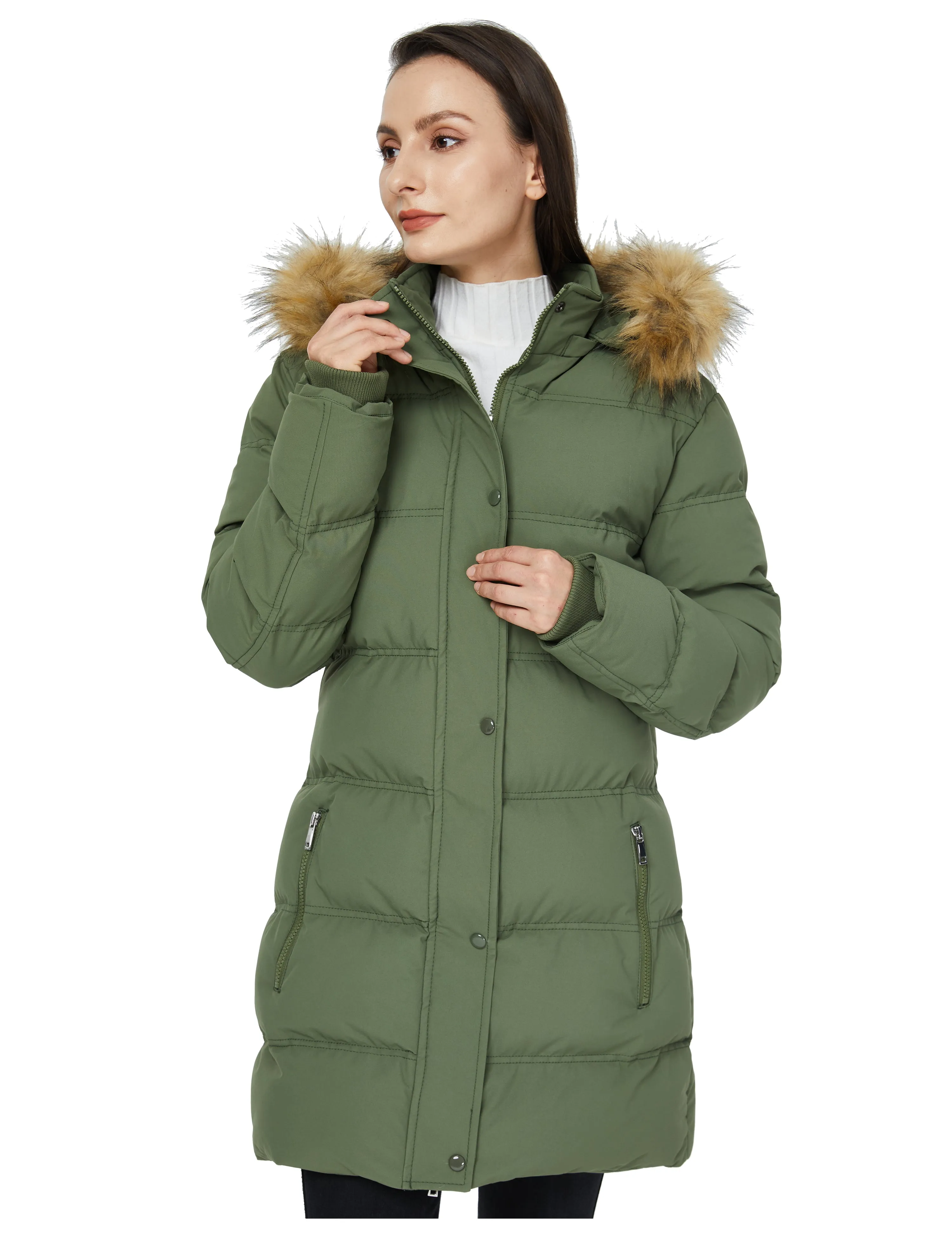 Women's Winter Long Puffer Coat Parka Jacket with Faux Fur Removable Hood