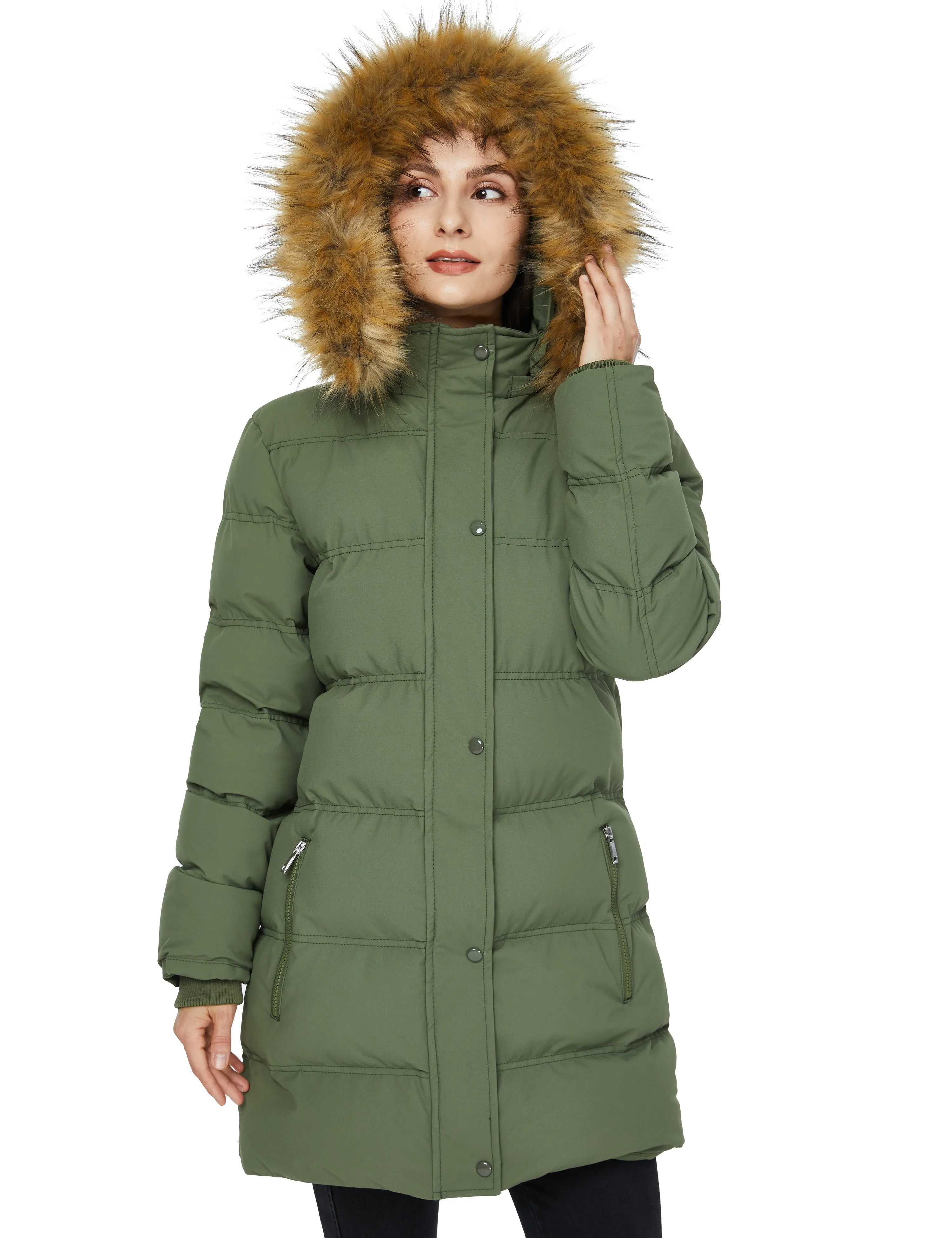 Women's Winter Long Puffer Coat Parka Jacket with Faux Fur Removable Hood