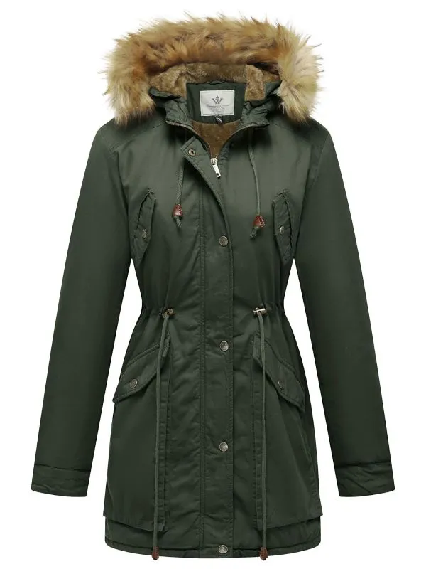 Women's Winter Thicken Fleece Jacket Fur Hooded Military Parka Coat