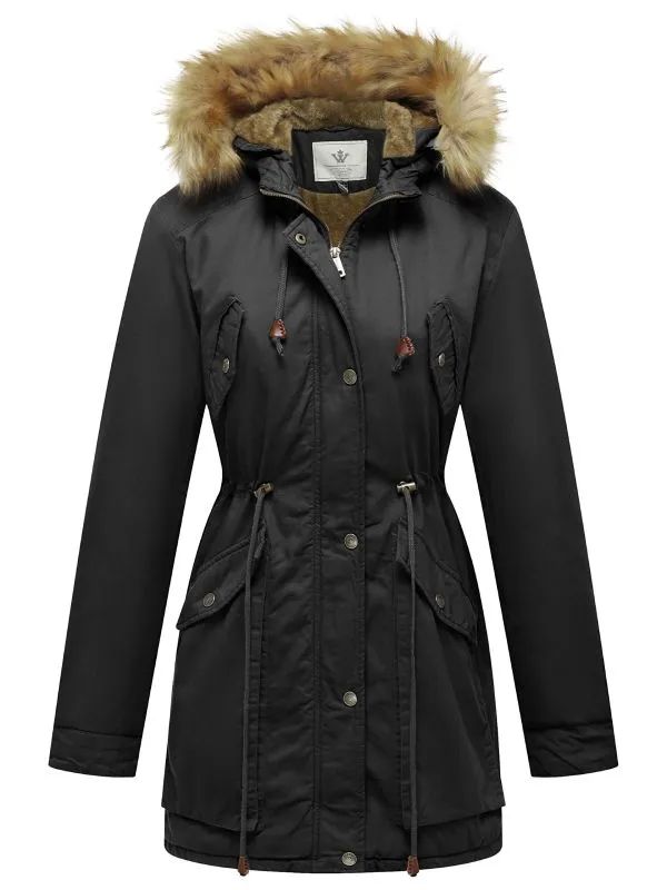 Women's Winter Thicken Fleece Jacket Fur Hooded Military Parka Coat