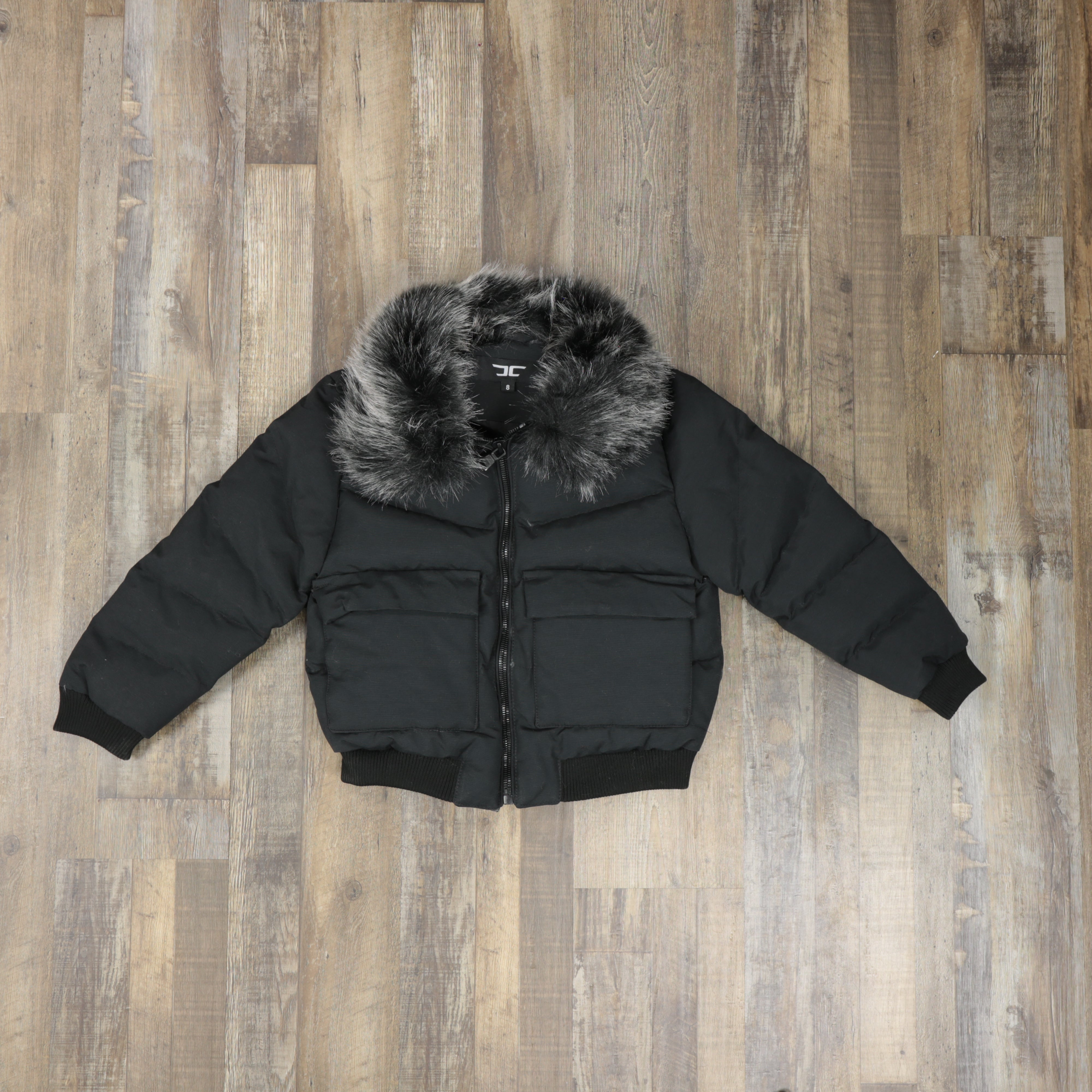 Youth Black Bubble Puffer Parka Jacket With Removable Faux Fur Hood (Vegan Fur)