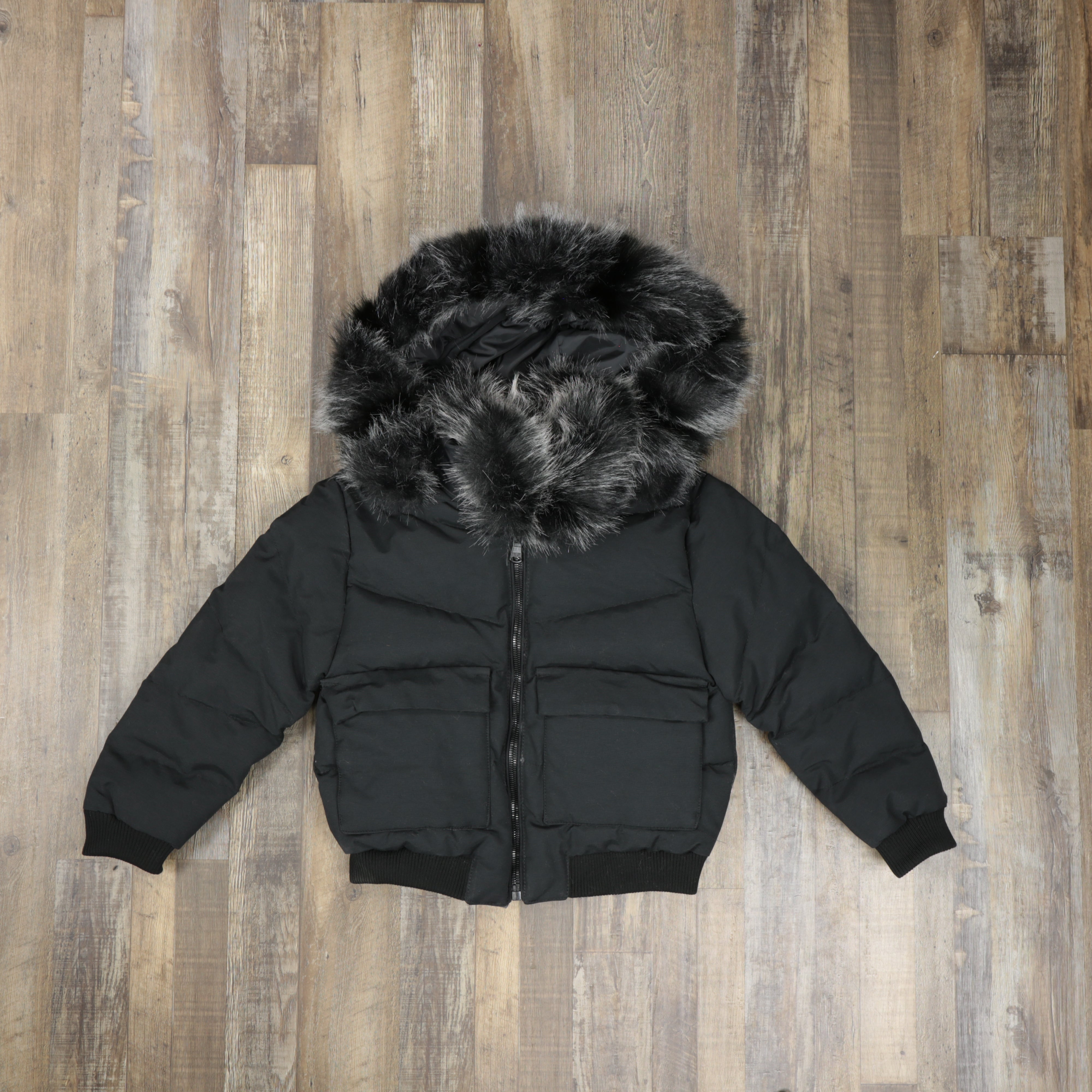 Youth Black Bubble Puffer Parka Jacket With Removable Faux Fur Hood (Vegan Fur)