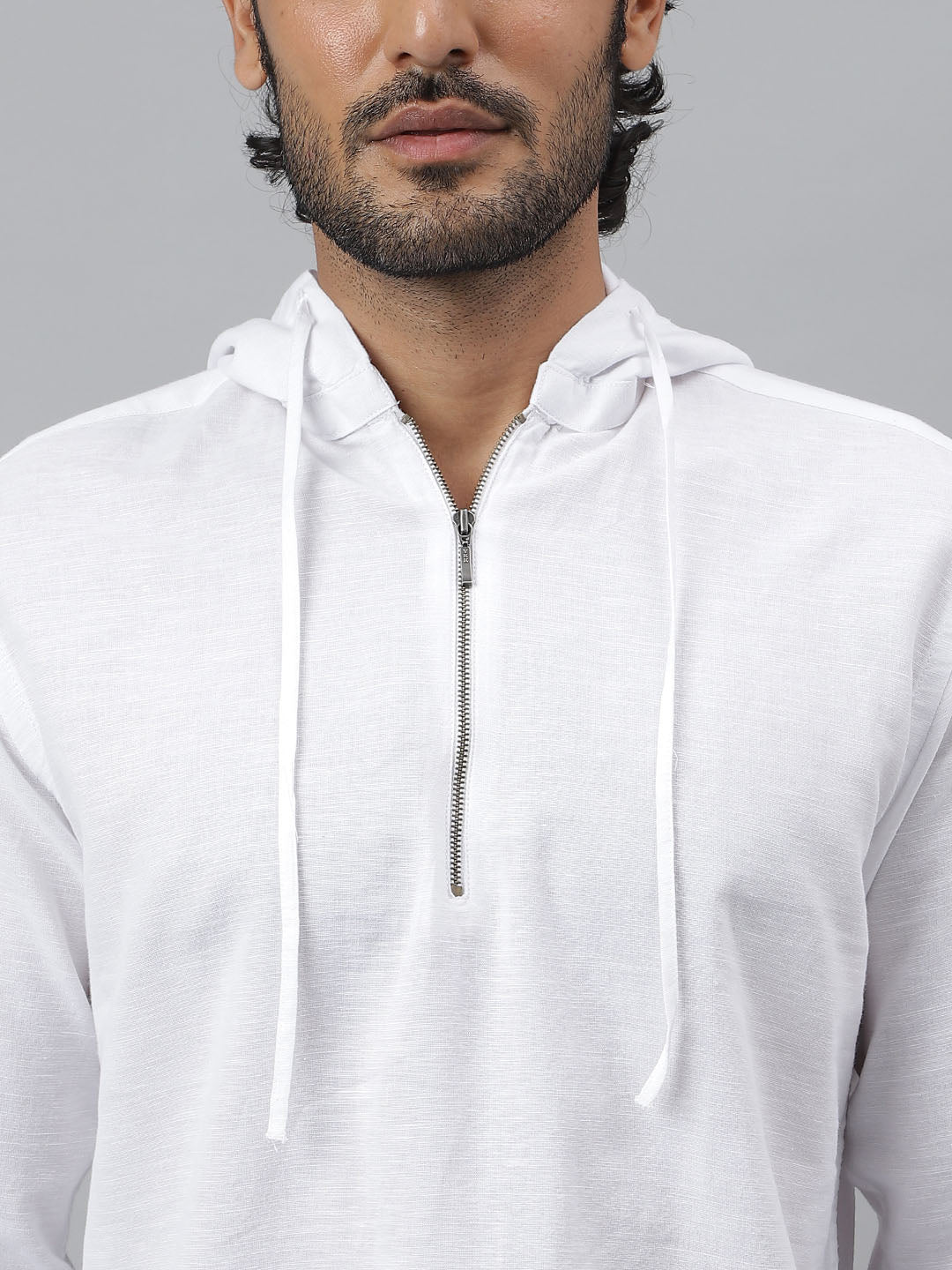 Zipper Collar Linen White Hoodie - Cocoon