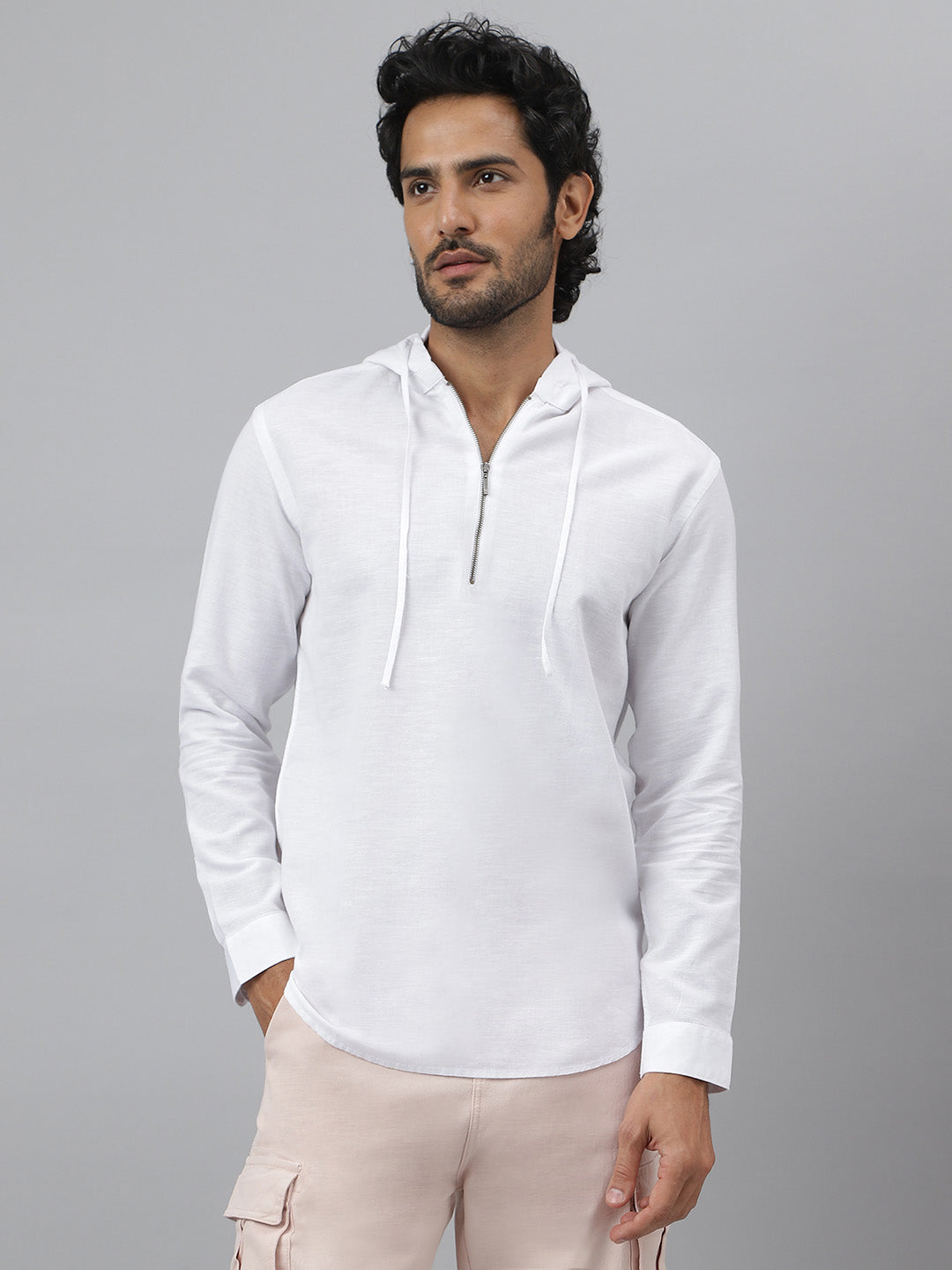 Zipper Collar Linen White Hoodie - Cocoon